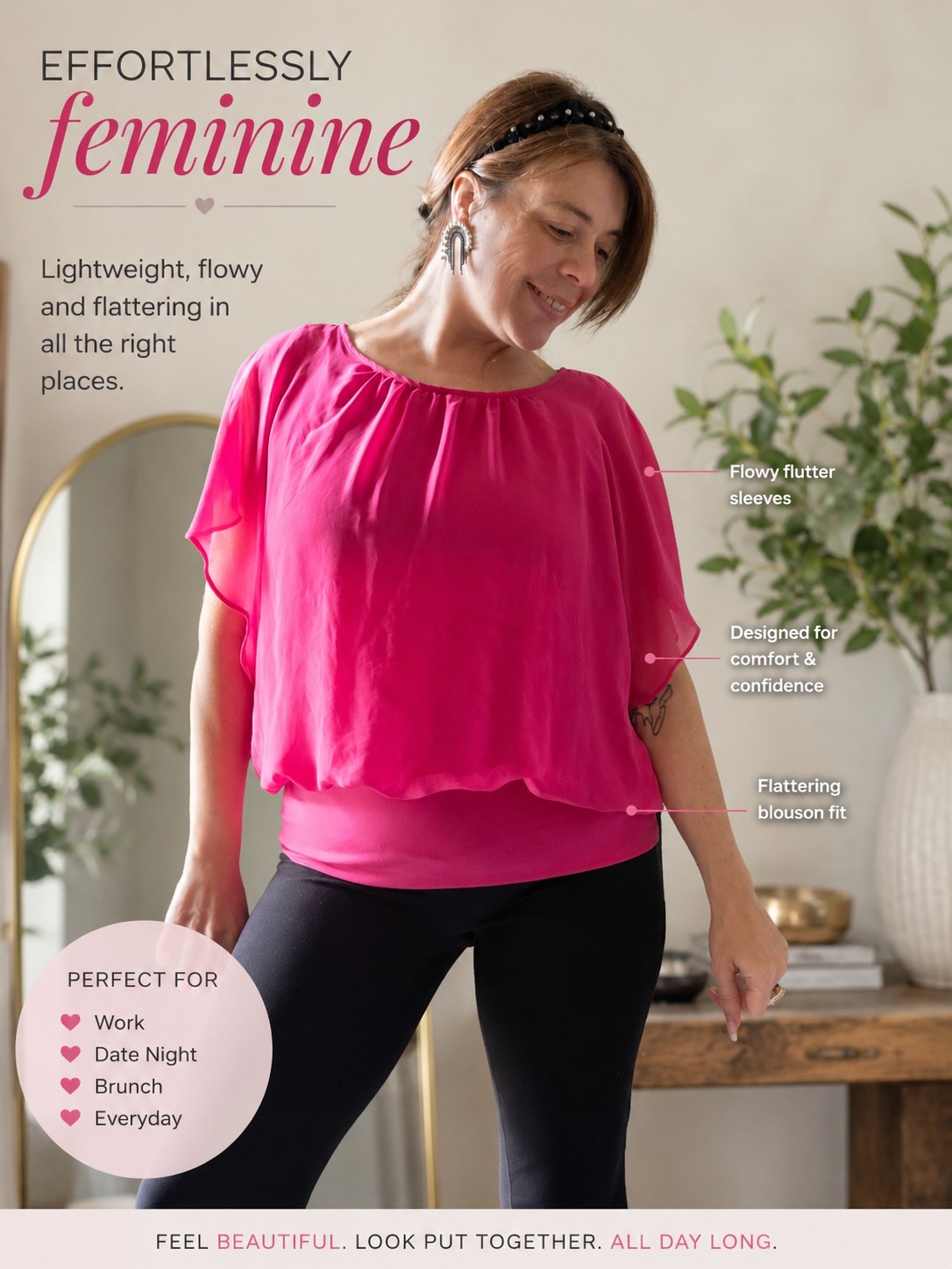 Women’s Flutter Sleeve Blouson Top - Pink